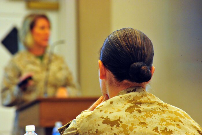 A Marine listens to Chief Warrant Officer Dancy Simons, victim witness liason officer, during a legal refresher course at the Clubs at Quantico on Oct. 10. 2013. A similar course is being offered on April 17, 2014. 
