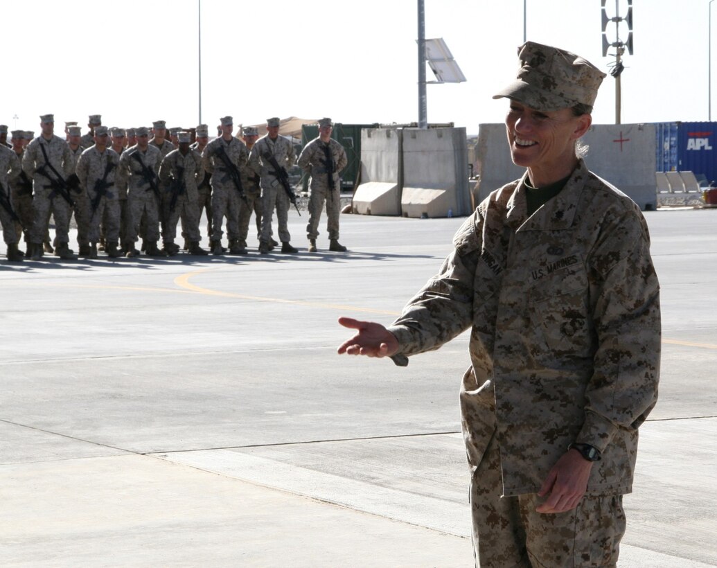 Lieutenant Col. Maura M. Hennigan, commanding officer, Marine Wing Support Squadron 372, addresses guests during a transfer of authority ceremony held aboard Camp Bastion, Afghanistan, April 7, 2014. Marine Wing Support Squadron 372 was replaced by MWSS-274, which took on the responsibility of providing ground support for the aviation combat element with Regional Command (Southwest).