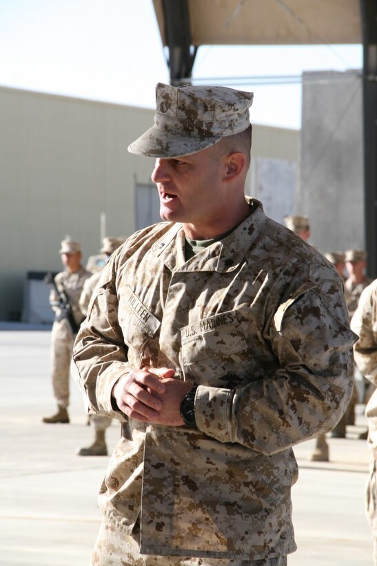 Lieutenant Col. Sean C. Killeen, commanding officer, Marine Wing Support Squadron 274, addresses guests during a transfer of authority ceremony held aboard Camp Bastion, Afghanistan, April 7, 2014. Marine Wing Support Squadron 274 replaced by MWSS-372, and took on the responsibility of providing ground support for the aviation combat element with Regional Command (Southwest).