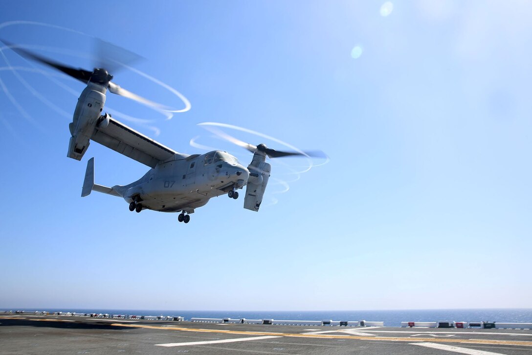 An MV-22B Osprey with Marine Medium Tiltrotor Squadron 163 (Reinforced), 11th Marine Expeditionary Unit, takes off from the flight deck of the USS Makin Island during Amphibious Squadron Marine Expeditionary Unit Integration Training (PMINT) off the coast of San Diego, April 14. The 11th MEU and its counterpart, Amphibious Squadron 5, execute various sea-based missions as part of PMINT. (U.S. Marine Corps photo by Sgt. Melissa Wenger/Released)