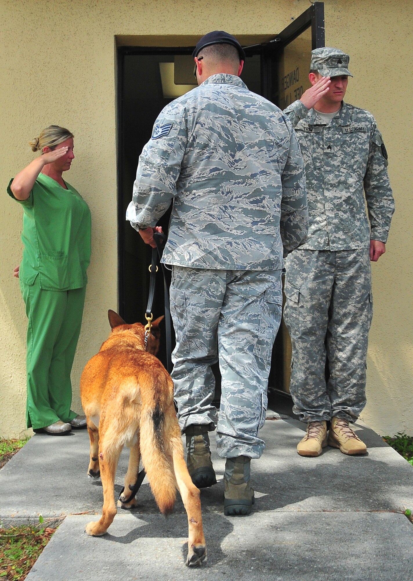 With a final salute from his fellow service members, Retired Military Working Dog Arco walked into the base vet for the last time April 14. (U.S. Air Force Photo by Ashley M. Wright)
