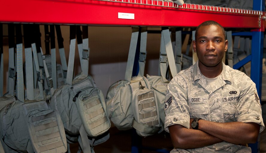 Senior Airman Emmanuel Ogbe, 1st Special Operations Logistic Readiness Squadron individual protection equipment journeyman, poses for a photo at the deployment control center on Hurlburt Field, Fla., April 15, 2014. Ogbe is scheduled to ship out to Army Basic Military Training later this year to become an Army officer. (U.S. Air Force photo/Senior Airman Krystal M. Garrett) 