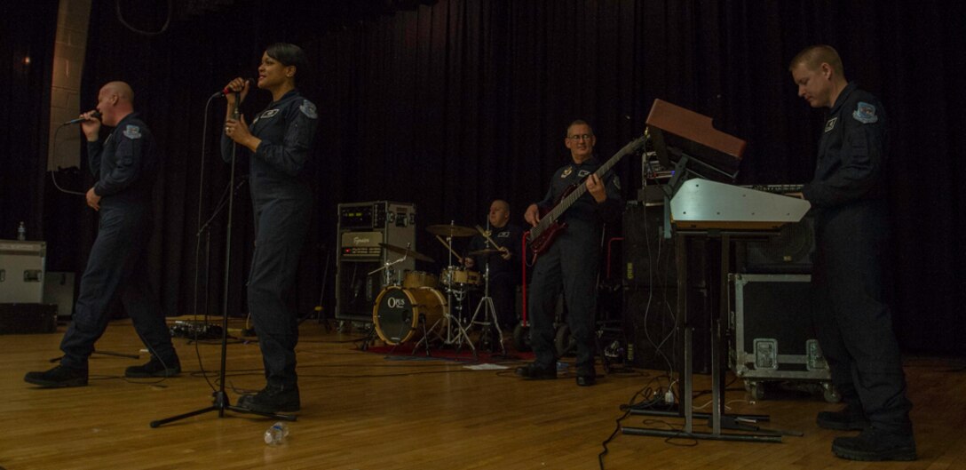 The U.S. Air Force Band’s Max Impact made a positive impact on students at Charles Hart Middle School in Washington, just outside Joint Base Anacostia-Bolling, on March 26, with grooves as solid as the messages being delivered. (U.S. Navy photo by Lt. Cmdr. Jim Remington)