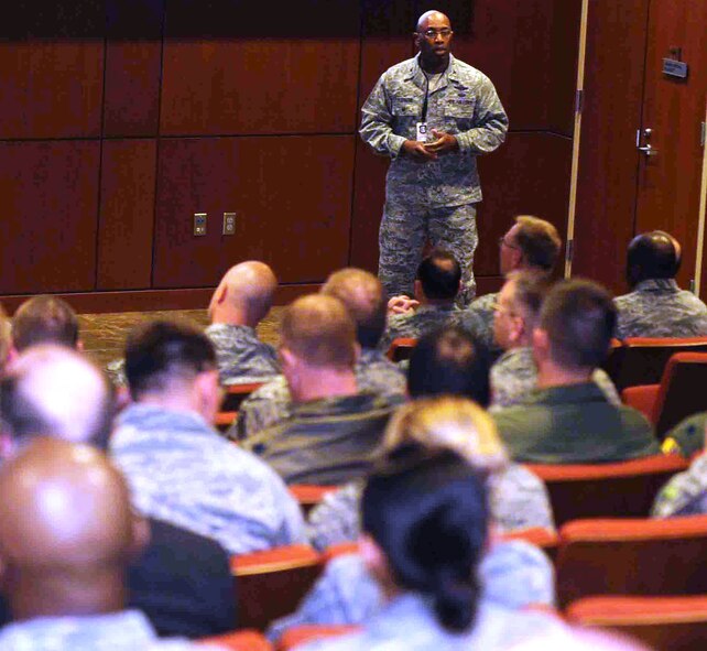 Col. Rickey Rodgers, Air Combat Command Inspector General team chief, speaks to Ellsworth Airmen about the team’s Unit Effectiveness Inspection during a briefing in the Deployment Center at Ellsworth Air Force Base, S.D., April 13, 2014. The inspection allows the IG team to evaluate a number of base operations to ensure compliance and mission readiness.  (U.S. Air Force photo by Airman 1st Class Rebecca Imwalle/ Released)

