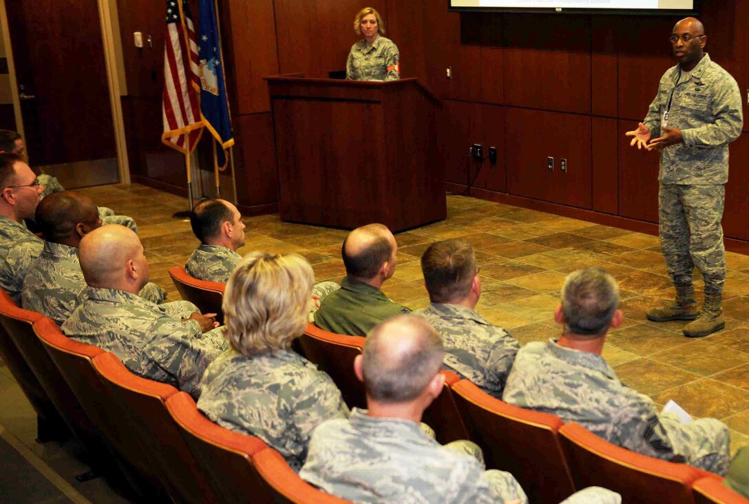 Col. Rickey Rodgers, Air Combat Command Inspector General team chief, briefs personnel about the schedule and objectives of the Unit Effectiveness Inspection in the Deployment Center at Ellsworth Air Force Base, S.D., April 13, 2014. Rodgers explained that the purpose of the IG team’s visit is to educate, motivate and independently evaluate Ellsworth’s mission effectiveness. (U.S. Air Force photo by Airman 1st Class Rebecca Imwalle/ Released)