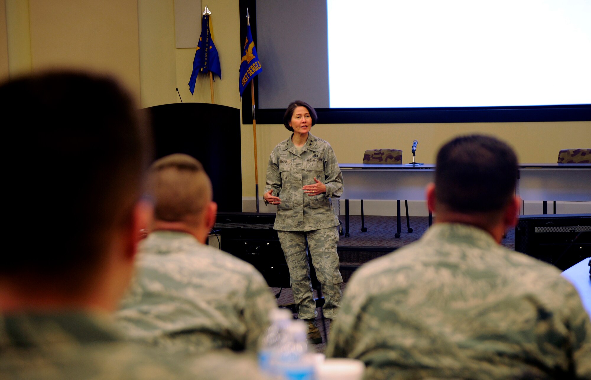 Major Gen. Sharon Dunbar talks with more than 120 non-commissioned officers from around the National Capital Region during the Ultimate First Sgt. Experience, April 7, 2014, at Joint Base Andrews, Md. Dunbar is the commander, Air Force District of Washington. (U.S. Air Force photo/Tech. Sgt. Brian Ferguson)