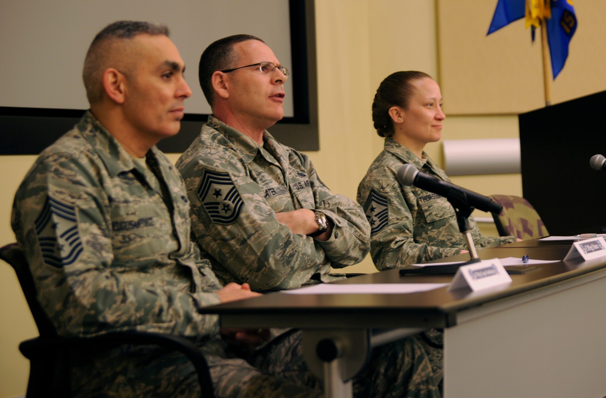 Command chiefs from Joint Base Andrews, Md, talk with more than 120 non-commissioned officers from around the National Capital Region during the Ultimate First Sgt. Experience, April 9, 2014. The seminar provided a brief look at the duties and responsibilities of first sergeants. (U.S. Air Force photo/Tech. Sgt. Brian Ferguson)