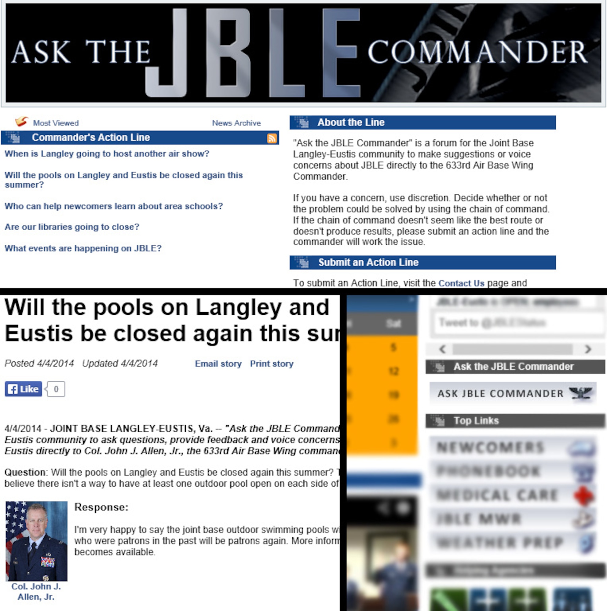 The “Ask the JBLE Commander” program is the vehicle for members of the community, whether Service members and families, civilian employees, retirees, or those unaffiliated with the military, to raise concerns and ask the Joint Base Langley-Eustis (Va.) installation commander questions. The program allows users to digitally send their questions or concerns through the JBLE website or JBLE mobile app. The commander fields the questions and provides answers, which are then posted publicly on the JBLE website. (U.S. Air Force graphic by Senior Airman Jason J. Brown/Released)