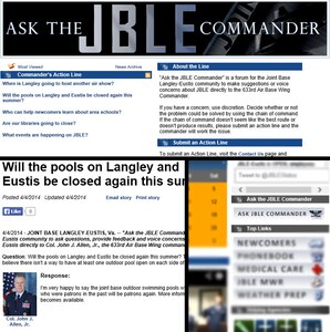 The “Ask the JBLE Commander” program is the vehicle for members of the community, whether Service members and families, civilian employees, retirees, or those unaffiliated with the military, to raise concerns and ask the Joint Base Langley-Eustis (Va.) installation commander questions. The program allows users to digitally send their questions or concerns through the JBLE website or JBLE mobile app. The commander fields the questions and provides answers, which are then posted publicly on the JBLE website. (U.S. Air Force graphic by Senior Airman Jason J. Brown/Released)