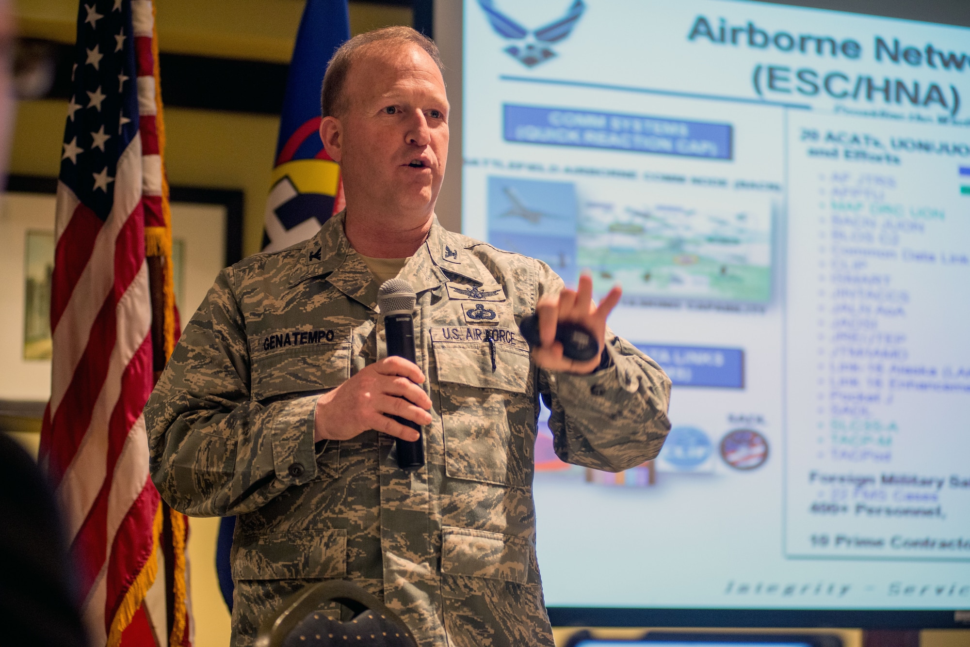 U.S. Air Force Col. Anthony Genatempo, Space, Aerial and Nuclear Networks Division senior materiel leader, addresses current and potential industry partners during a Hanscom Representatives Association meeting in Lexington, Mass., April 11. Topics included division priorities and possible business opportunities. (U.S. Air Force photo by Mark Herlihy/Released)