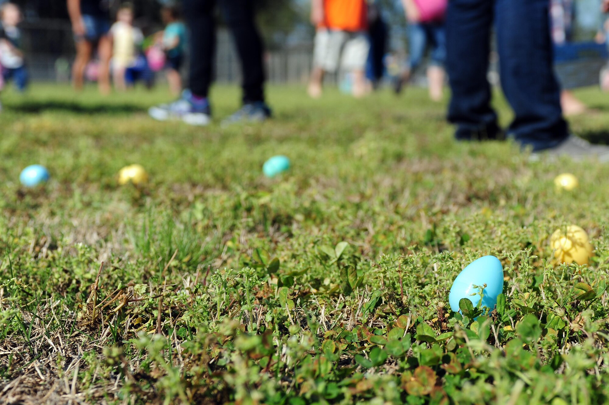 Team Seymour youth participate in an Easter egg hunt during the Military Child Celebration Block Party, April 14, at Seymour Johnson Air Force Base, N.C. More than 800 people attended to show their support for Team Seymour’s military youth, and help celebrate the sacrifices military children make year-round. (U.S. Air Force photo/Senior Airman John Nieves Camacho)