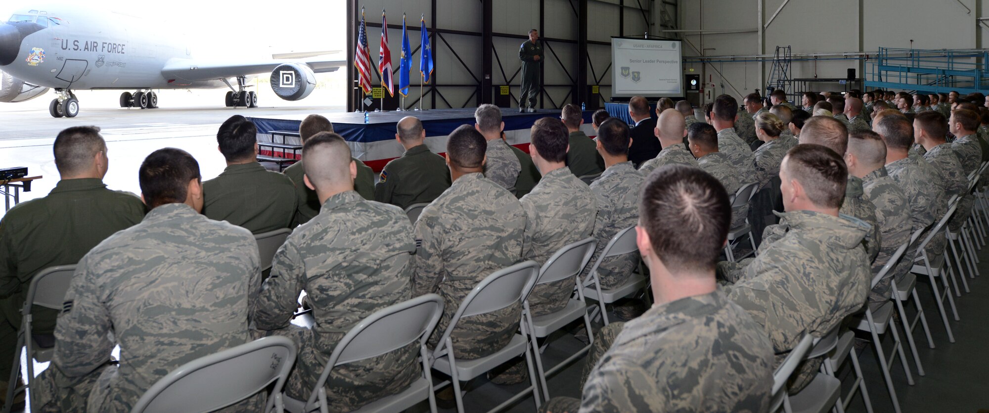 U.S. Air Force Gen. Frank Gorenc, U.S. Air Forces in Europe and Air Forces Africa commander, speaks to Team Mildenhall members during a commander’s call April 14, 2014, on RAF Mildenhall, England. The general spoke on different values military members need to uphold. (U.S. Air Force photo by Airman 1st Class Kyla Gifford/Released)