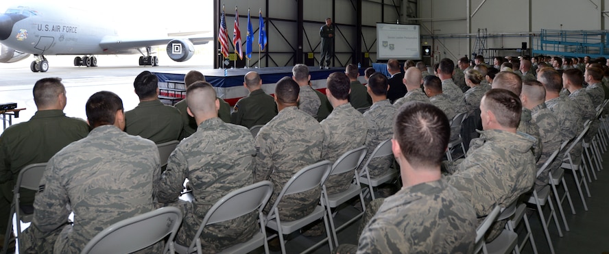 U.S. Air Force Gen. Frank Gorenc, U.S. Air Forces in Europe and Air Forces Africa commander, speaks to Team Mildenhall members during a commander’s call April 14, 2014, on RAF Mildenhall, England. The general spoke on different values military members need to uphold. (U.S. Air Force photo by Airman 1st Class Kyla Gifford/Released)