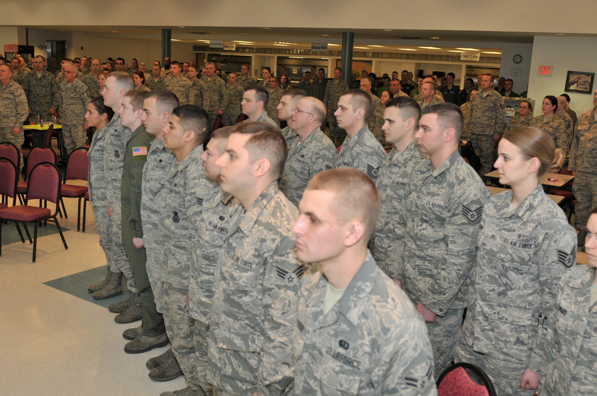 STRATTON AIR NATIONAL GUARD BASE, N.Y. -- More than 15 Airmen were promoted to E-3 through E-6 during a basewide promotion recognition ceremony on April 6, 2014. Chief Master Sgt. Amy Giaquinto, 109th Airlift Wing command chief, said she hopes the promotion recognition ceremonies will boost morale and promote wing cohesiveness. (Air National Guard photo by Staff Sgt. Benjamin German/Released)