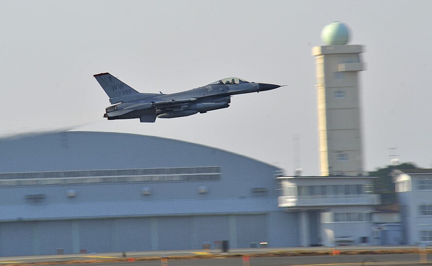An F-16 Fighting Falcon departs Misawa Air Base, Japan, for a deployment mission in Southwest Asia April 8, 2014. Preparation for deployment took coordinated effort between the 13th Fighter Squadron, 35th Maintenance Group and other members of the 35th Fighter Wing and proved the reliability of the Misawa community to ensure mission readiness. (U.S. Air Force photo/Senior Airman Jose L. Hernandez-Domitilo)