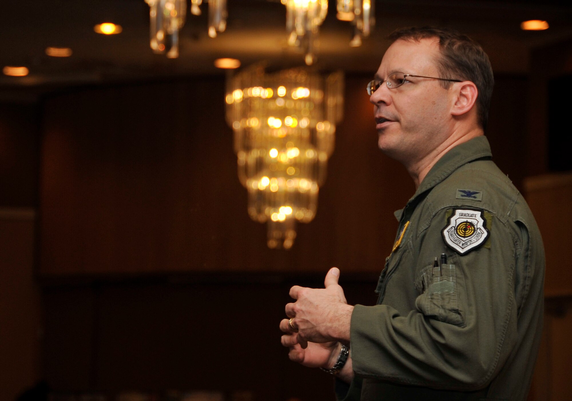 U.S. Air Force Col. Stephen C. Williams, 35th Fighter Wing commander, shares his gratitude with Airmen and volunteers during a volunteer awards ceremony at Misawa Air Base, Japan, April 11, 2014. Williams took time on Resilient Airman Day to speak on the importance of volunteering and how sharing time with others allows Misawa to grow as a community. (U.S. Air Force photo/Airman 1st Class Patrick S. Ciccarone)