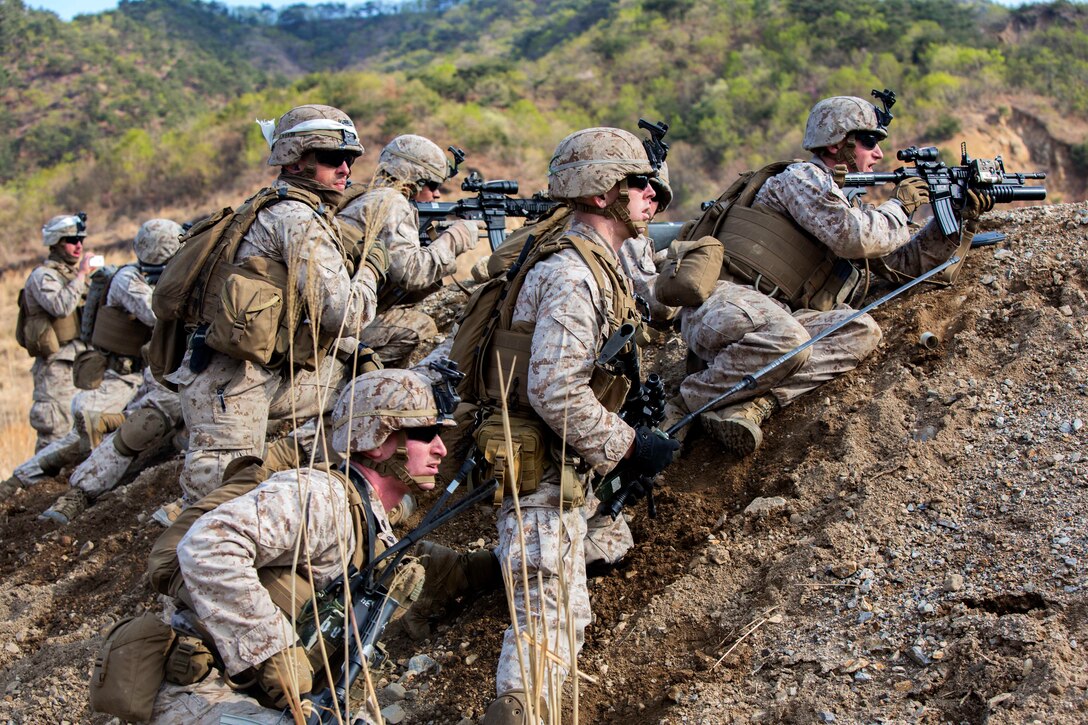 U.S. Marines take cover behind a berm while conducting live-fire training during Exercise Ssang Yong 2014 on Doksoek-ri in Pohang, South Korea, April 4, 2014. The Marines are assigned to Fox Company, 2nd Battalion, 5th Marines, 1st Marine Division. The annual exercise is conducted to enhance the interoperability of U.S. and South Korean by performing a full spectrum of amphibious operations. 