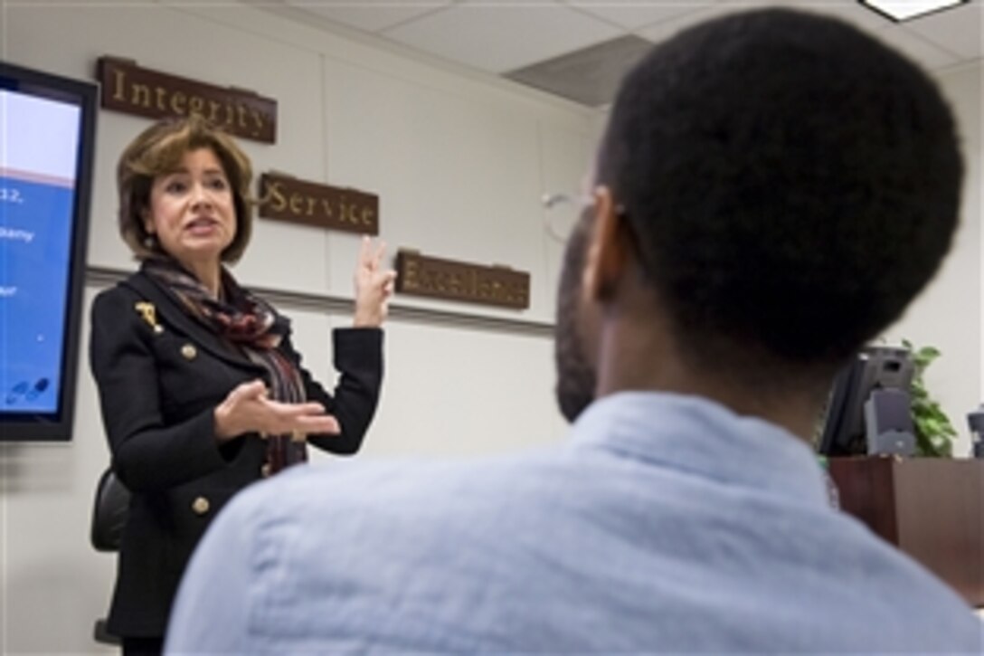 Maria Contreras-Sweet, Small Business Administration administrator, talks with members of the Air Force participating in a Boots to Business class at the Pentagon, April 15, 2014. Boots to Business is an SBA sponsored, worldwide program offered as a component of the Defense Department's redesigned Transition Assistance Program (TAP) renamed Transition GPS.