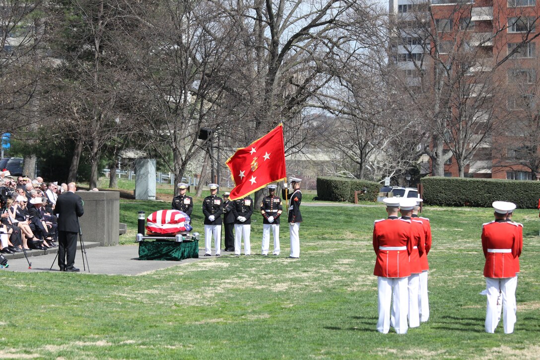 On Saturday, April 12, 2014, the Commandant of the Marine Corps Gen. James F. Amos and the Marines of Marine Barracks Washington, D.C., participated in a ceremony at the U.S. Marine Corps War Memorial in Arlington, Va., in honor of 30th Commandant of the Marine Corps Gen. Carl E. Mundy, Jr., who passed away on April 2, 2014. (U.S. Marine Corps photo by Master Sgt. Kristin duBois/released)