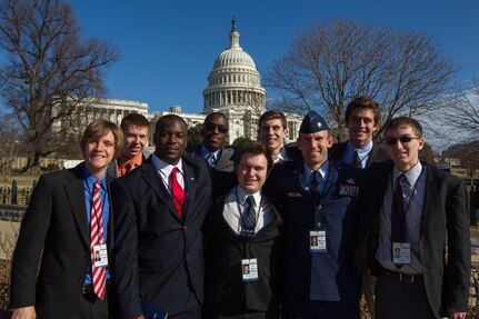 Air Force Maj. Jason Park, chief of safety with the Wisconsin Air National Guard’s 128th Air Refueling Wing, stands outside the U.S. Capitol building with the group of students he escorted throughout Washington, D.C., during their weeklong visit as part of the U.S. Senate Youth Program.