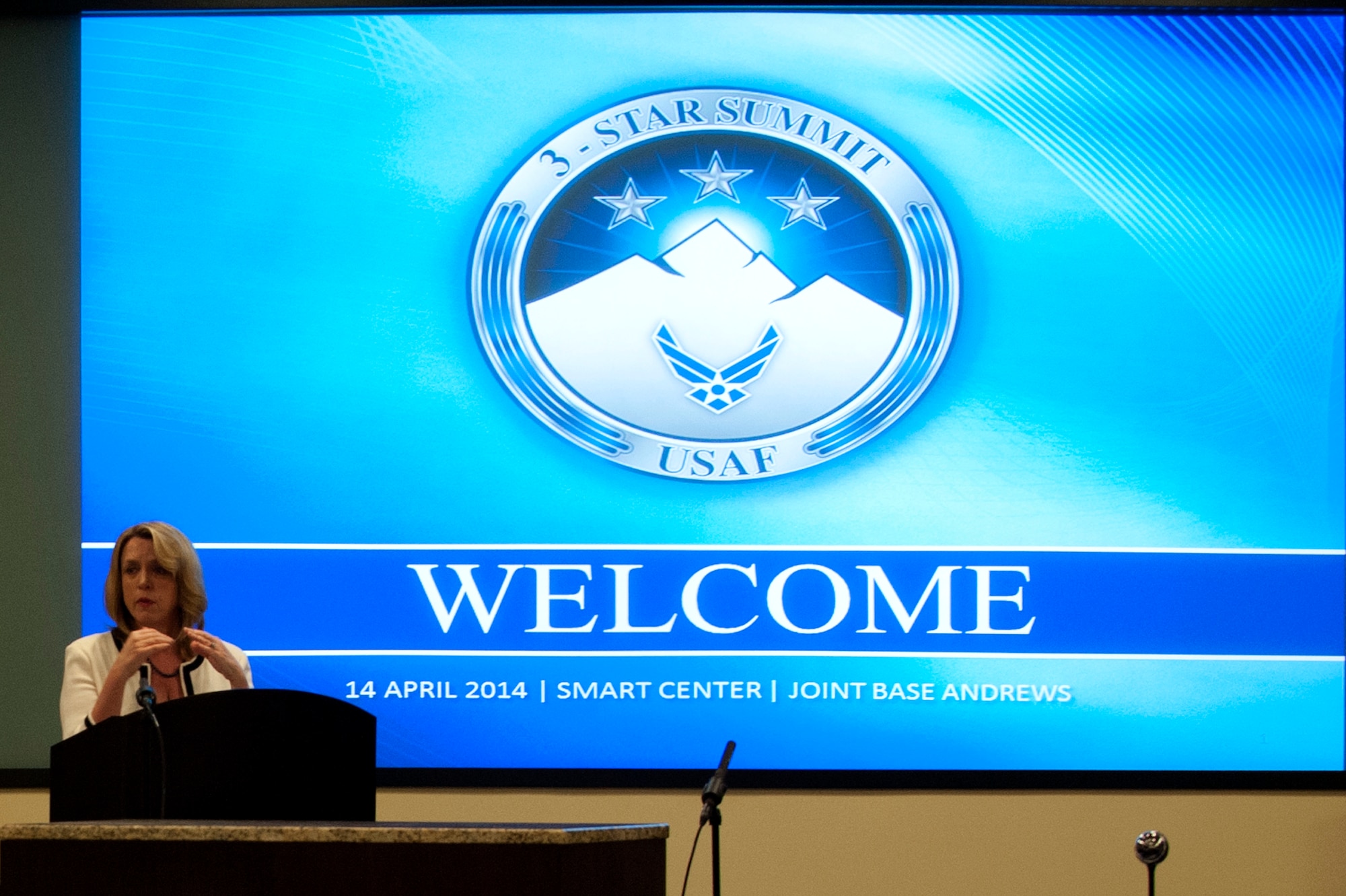 Secretary of the Air Force Deborah Lee James makes opening remarks about the importance of sexual assault prevention and response at the 3-Star Summit April 14, 2014, at Joint Base Andrews, Md. (U.S. Air Force photo/Staff Sgt. Carlin Leslie)