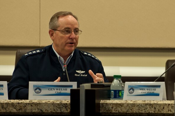 Air Force Chief of Staff Gen. Mark A. Welsh III makes opening remarks at the 3-Star Summit April 14, 2014, at Joint Base Andrews, Md. Welsh spoke about the importance of creating environments that promote dignity and respect and how it relates to sexual assault prevention and response. This includes recognizing when services members need help and getting those in need the help they deserve.  (U.S. Air Force photo/Staff Sgt. Carlin Leslie)