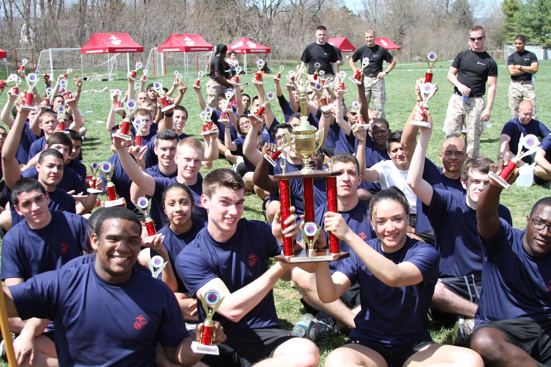 Recruiting Station Frederick’s Recruiting Sub-Station Leesburg took first place out of ten teams during the annual pool function in Frederick, Md. April 12, 2014. Each poolee received a personal award along with a team trophy to be displayed at RSS Leesburg, Leesburg, Va. The pool function was held to build camaraderie and the physical fitness of the poolees before they attend recruit training. Each poolee is in the Delayed Entry Program where they have a specific amount of time to wait before they go to recruit training and try their hand at becoming a U.S. Marine. (U.S. Marine Corps photo by Sgt. Amber Williams/Released)