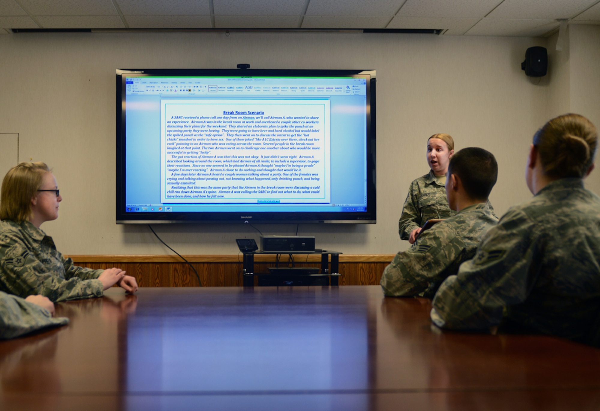 JOINT BASE ELMENDORF-RICHARDSON-- Air Force Staff Sgt. Jaclyn Kaiser, 673d Contracting Squadron contracting specialist, conducts Sexual Assault Prevention Response training for Airmen at Joint Base Elmendorf-Richardson, Alaska, April 15, 2014. Kaiser is a volunteer and a certified victim advocate. She, along with other victim advocates on base, are qualified to address sexual-assault inquiries. (U.S. Air Force photo/Airman 1st Class Ty-Rico Lea)