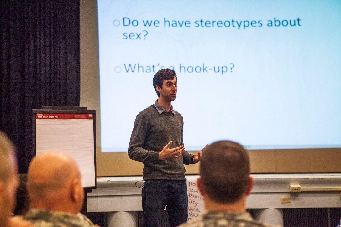 Airmen from the 108th Wing, New Jersey Air National Guard and Soldiers from the Army Reserve listen to presenter Jack Reitz at Got Your Back, a facilitated discussion presented at Timmerman Theater, Joint Base McGuire-Dix-Lakehurst, N.J., April 12, 2014. Got Your Back discusses hooking-up, sexual assault and bystander intervention. At Joint Base McGuire-Dix-Lakehurst numerous activities highlighting awareness and prevention are being held during April’s Sexual Assault Awareness Month. (U.S. Air National Guard photo by Master Sgt. Mark C. Olsen/Released)