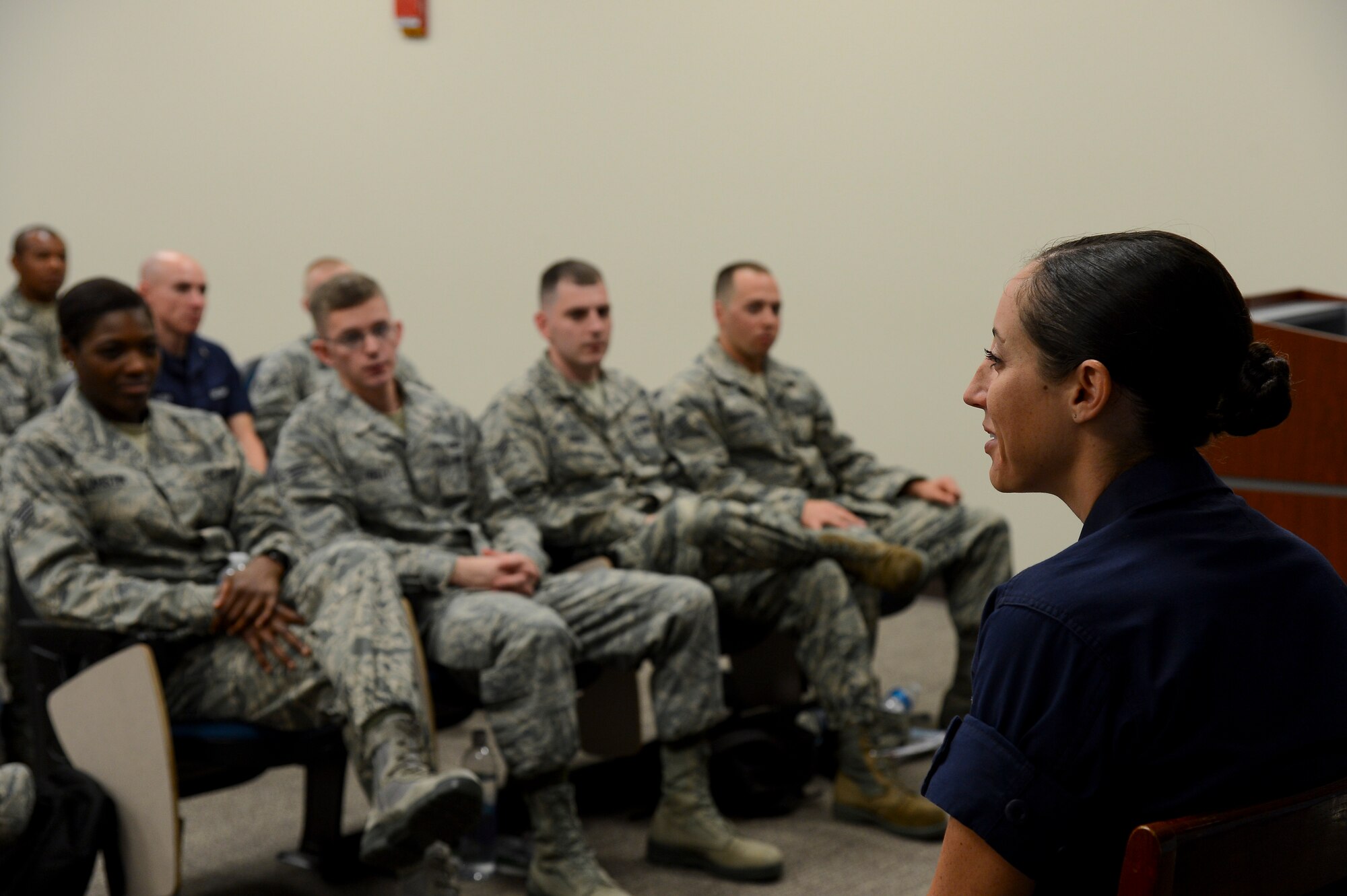 U.S. Coast Guard Petty Officer 3rd Class Staci Wantuck, speaks to the newest Airman Leadership School class on what to expect in ALS during a panel at MacDill Air Force Base, Fla., April 11, 2014. Wantuck was selected to attend ALS by her leadership and was a graduate of the previous class. (U.S. Air Force photo by Senior Airman Shandresha Mitchell/Released)