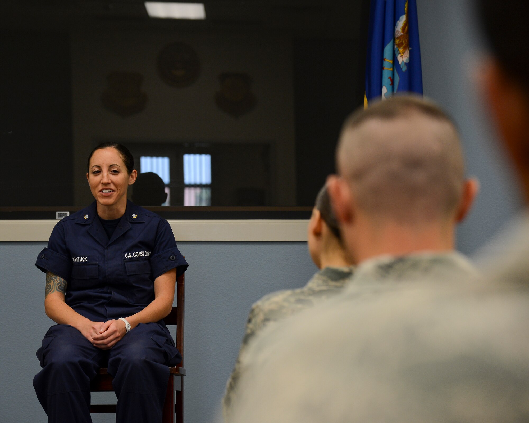 U.S. Coast Guard Petty Officer 3rd Class Staci Wantuck, speaks to the newest Airman Leadership School class on what to expect in ALS during a panel at MacDill Air Force Base, Fla., April 11, 2014. Wantuck was selected to attend ALS by her leadership and was a graduate of the previous class. (U.S. Air Force photo by Senior Airman Shandresha Mitchell/Released)