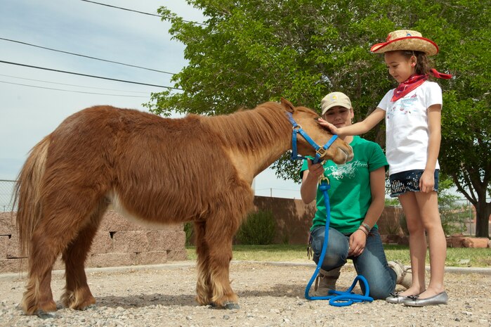 Savannah Franklin, Lomie G. Heard Elementary School student, pets a miniature horse as Ashley Wright, Horses4Heroes worker, looks on April 11, 2014, at Nellis Air Force Base, Nev.  Horses4Heroes use miniature horses in order to teach children how to make new friends, other important life and social skills. (U.S. Air Force photo by Airman 1st Class Timothy Young)