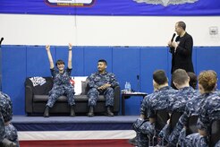 Mike Domitrz, The Date Safe Project founder, guides Naval Nuclear Power Training Command students through a dating scenario, tackling uncomfortable dating situations as part of the The Date Safe Project: "Can I Kiss You?" performance April 9, 2014, at the NNPTC Bowman Center on Joint Base Charleston. The performance was one of the many Sexual Assault Awareness Month activities Sailors and Airmen at JB Charleston were able to participate in. (U.S. Navy photo/Tiffany Mizzell)