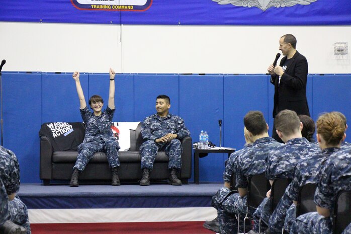 Mike Domitrz, The Date Safe Project founder, guides Naval Nuclear Power Training Command students through a dating scenario, tackling uncomfortable dating situations as part of the The Date Safe Project: "Can I Kiss You?" performance April 9, 2014, at the NNPTC Bowman Center on Joint Base Charleston. The performance was one of the many Sexual Assault Awareness Month activities Sailors and Airmen at JB Charleston were able to participate in. (U.S. Navy photo/Tiffany Mizzell)