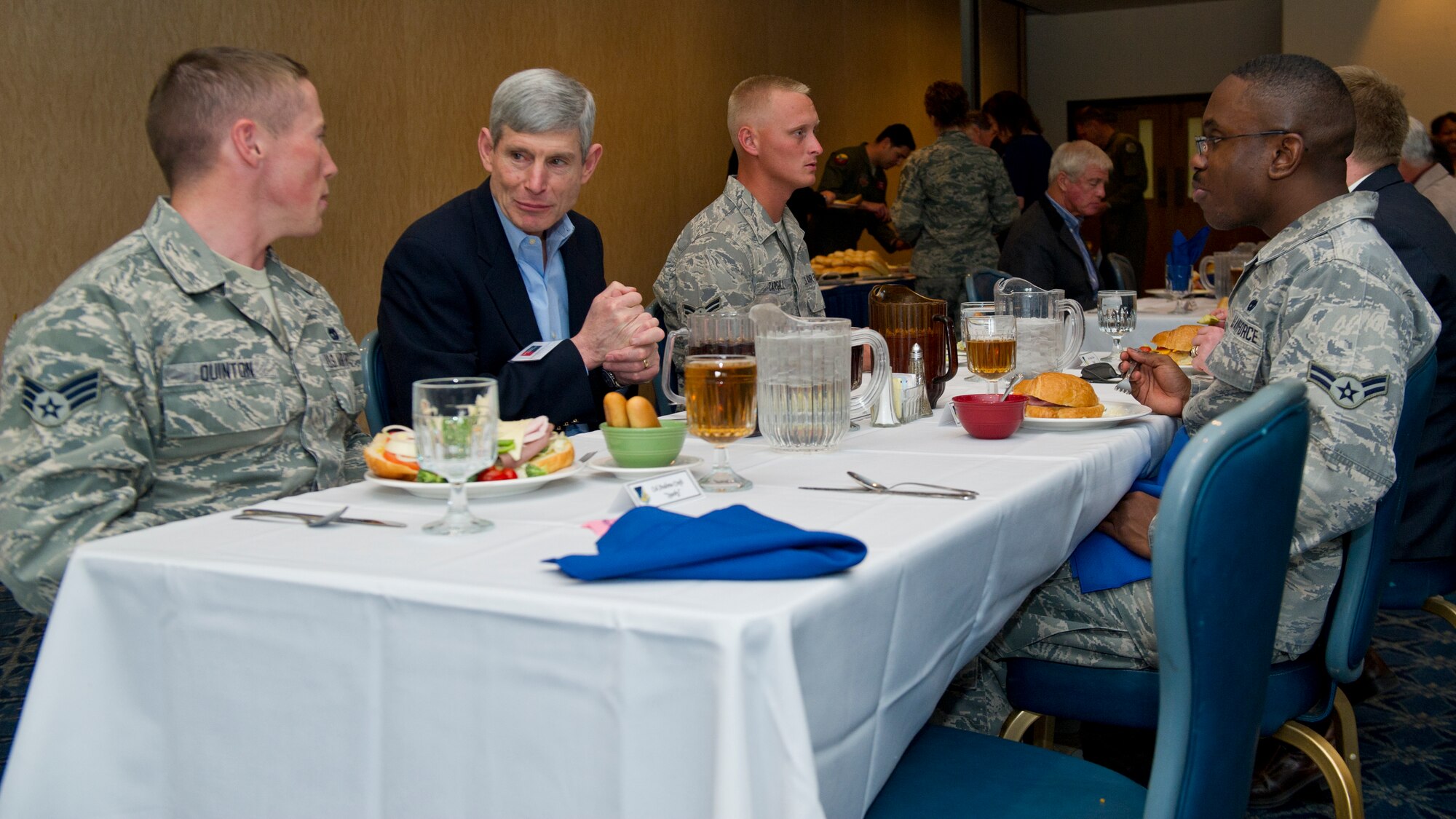 Retired General Norton Schwartz, Business Executives for National Security president and CEO, speaks with Airmen during a lunch at Holloman Air Force Base, N.M., April 11. The Business Executives for National Security group visits one military installation per month to exchange ideas on common issues and to further public and private partnerships. The visit featured 49th Wing and Team Holloman missions. (U.S. Air Force photo by Airman 1st Class Aaron Montoya / Released)