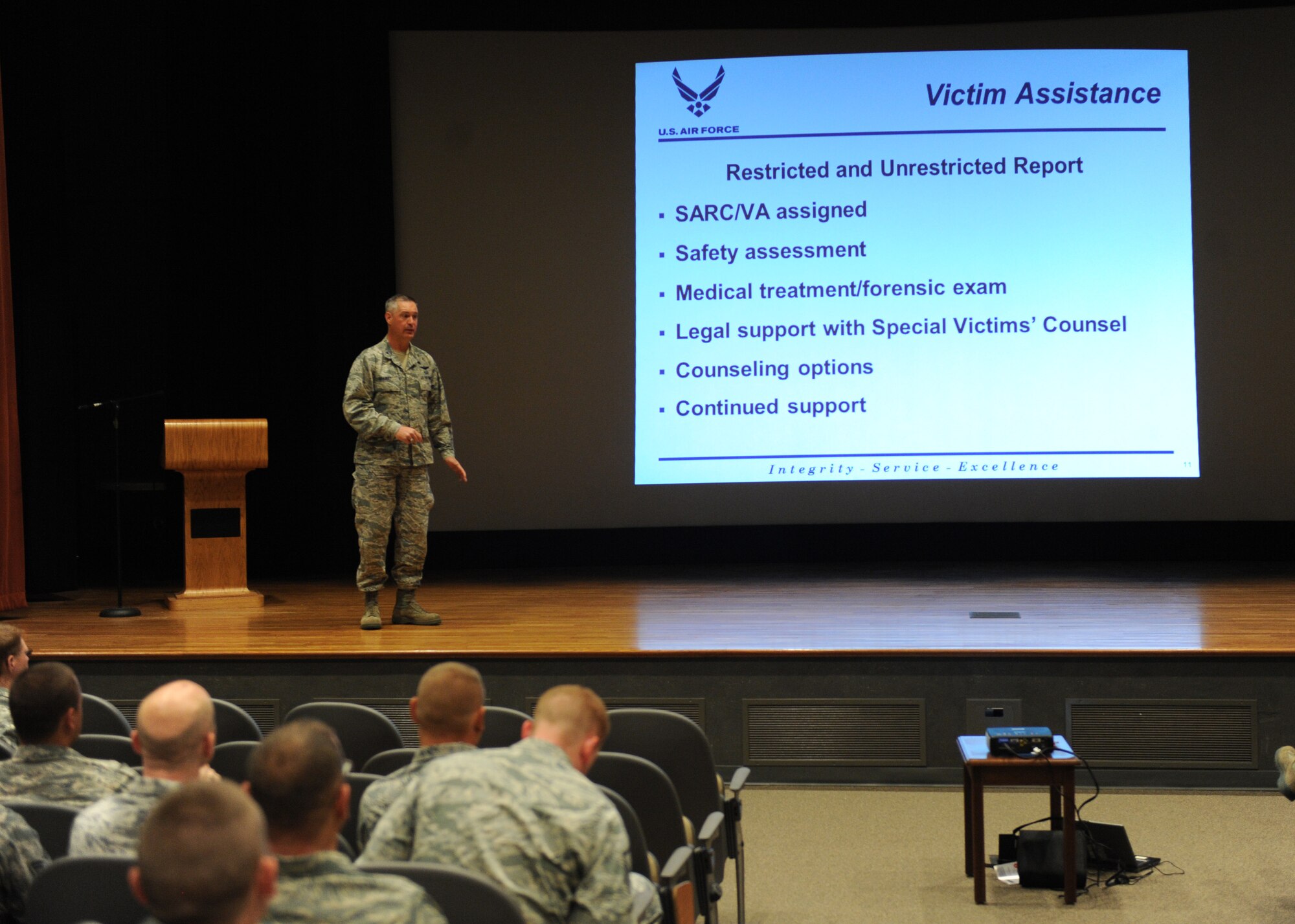 U.S. Air Force Col. Steven Beasley, 7th Bomb Wing vice commander, goes over restricted and unrestricted reporting at the Sexual Assault Prevention and Response stand-down day April 14, 2014, at Dyess Air Force Base, Texas.  The difference between restricted and unrestricted reporting is that restricted reporting allows for medical treatment and assistance from a Sexual Assault Response Coordinator or Sexual Assault Victim Advocate without triggering an investigation, while unrestricted reporting triggers an investigation and the victim’s chain of command will be notified. (U.S. Air Force photo by Airman 1st Class Autumn Velez/Released)