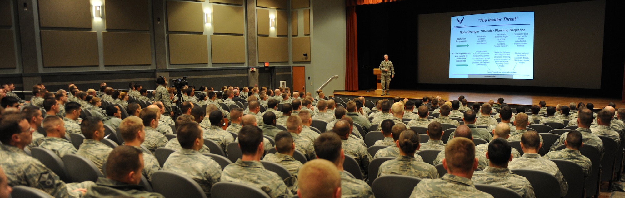 U.S. Air Force Col. Steven Beasley, 7th Bomb Wing vice commander, hosts a commander’s call during the Sexual Assault Prevention and Response stand-down day April 14, 2014, at Dyess Air Force Base, Texas.  In the past, SAPR stand-down days primarily focused on helping the victim. This year, the focus was shifted towards pin pointing the offender and ultimately stopping the perpetrator before they have the opportunity to act. (U.S. Air Force photo by Airman 1st Class Autumn Velez/Released)