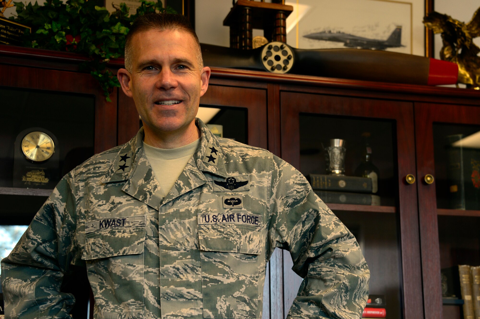 Maj. Gen. Steven Kwast stands in his office as the newly appointed commander of the Curtis E. LeMay Center for Doctrine Development and Education at Maxwell Air Force Base, March 13, 2014. As the new commander Kwast will lead the LeMay Centers’ mission of developing, advocating, assessing, and revising Air Force, joint, and multinational doctrine, as well as ensuring doctrinal concepts are integrated into war-gaming and education. (U.S. Air Force photo by Staff Sgt. Gregory Brook)