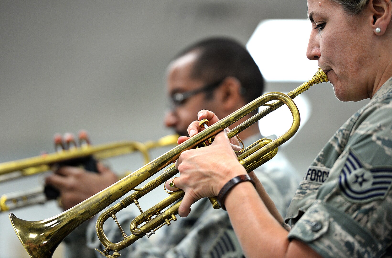 Tech Sgt. Amy Moran, United States Air Force Band of the West trumpetist, practices April 9 for the upcoming Fiesta in Blue concert at Joint Base San Antonio-Lackland. (U.S. Air Force photos by Benjamin Faske)