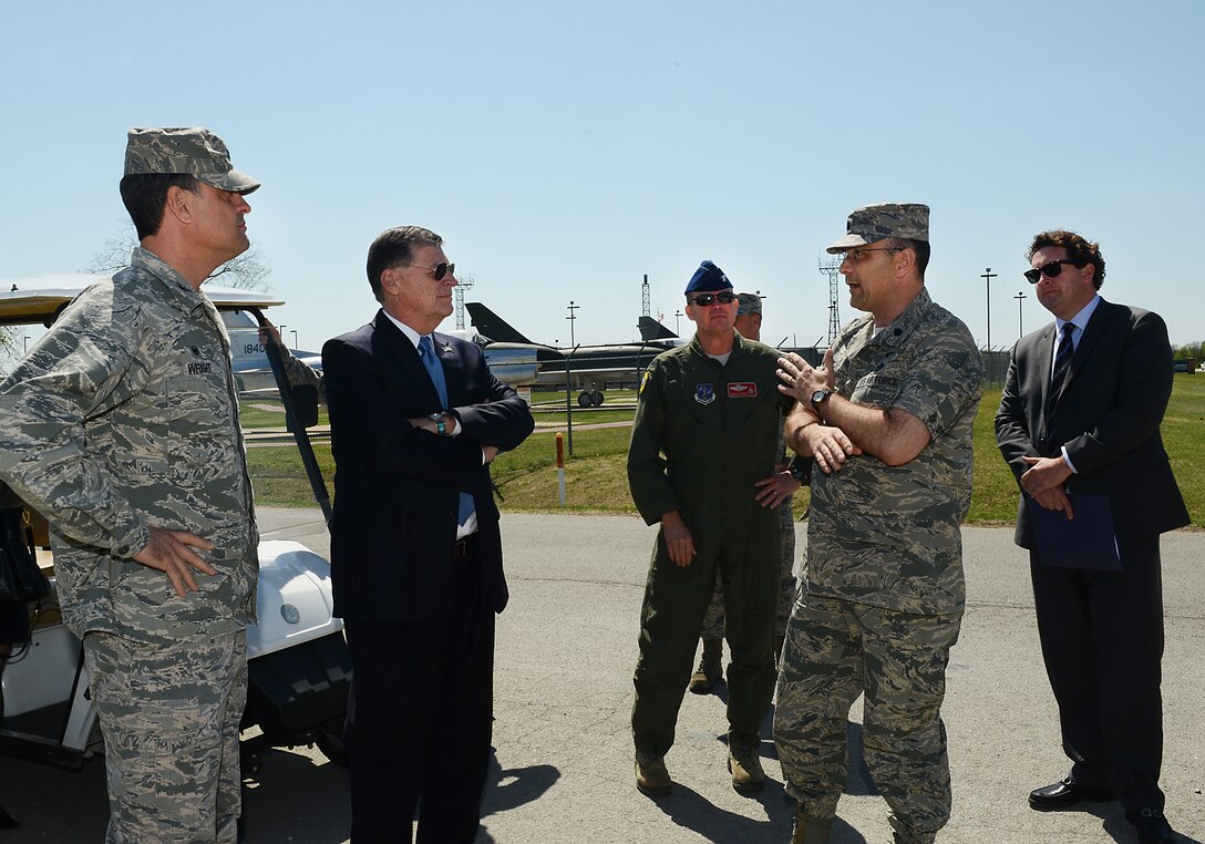 Lieutenant Colonel Martin Keiner, 138th Fighter Wing Civil Engineer, briefs Oklahoma Congressman Tom Cole, of the fourth district, about future facility projects at the Tulsa Air National Guard base, 15 April 2014.  Representative Cole along with members of his staff visited the 138th FW to preview their projected facility enhancements as wells as learn more about federal and state operational capabilities.  (U.S. National Guard photo by Senior Master Sgt.  Preston L. Chasteen/Released)