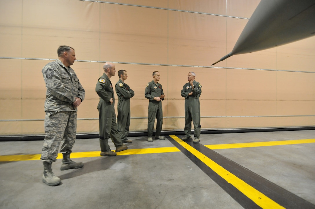 From right, Lt. Gen. William H. Etter, Commander of Continental U.S. North American Aerospace Defense Command Region - 1st Air Force, tours the 177th Fighter Wing Aerospace Control Alert (ACA) site with the ACA Commander, Lt. Col. Steven Ziomek, ACA pilots Capt. Michael Nicosan and Lt. Col. Neal Snetsky, and 177FW ACA NCOIC Senior Master Sgt. Chris Mock, at the Atlantic City Air Guard Base facility in Egg Harbor Township, N.J. on April 2, 2014. (U.S. Air National Guard photo by Master Sgt. Andrew J. Moseley/Released)