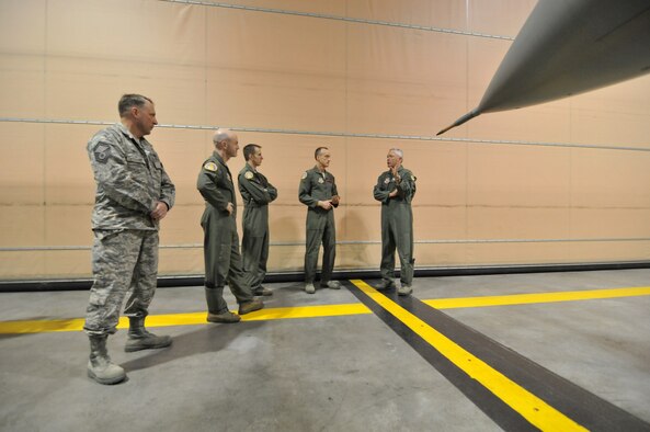 From right, Lt. Gen. William H. Etter, Commander of Continental U.S. North American Aerospace Defense Command Region - 1st Air Force, tours the 177th Fighter Wing Aerospace Control Alert (ACA) site with the ACA Commander, Lt. Col. Steven Ziomek, ACA pilots Capt. Michael Nicosan and Lt. Col. Neal Snetsky, and 177FW ACA NCOIC Senior Master Sgt. Chris Mock, at the Atlantic City Air Guard Base facility in Egg Harbor Township, N.J. on April 2, 2014. (U.S. Air National Guard photo by Master Sgt. Andrew J. Moseley/Released)