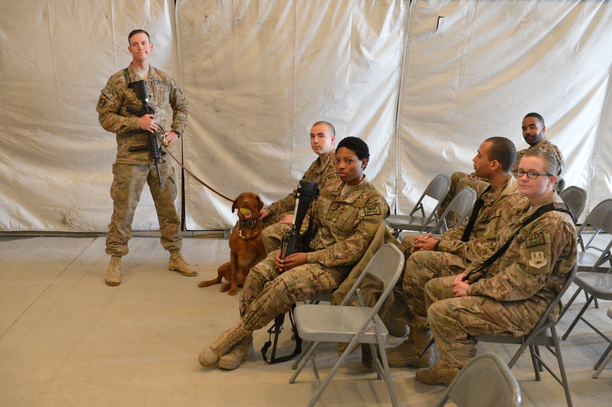 Major Eden, the combat stress assistance dog at Bagram Airfield, Afghanistan, sits with members attending  a Combat Stress seminar presented by the 455th Airmen Committed to Excellence group at Bagram, April 5, 2014. Major Eden was with U.S. Army Specialist Alex Fanning, one of the soldiers responsible for her.  (U.S. Air Force photo by Senior Master Sgt. Gary J. Rihn/Released)