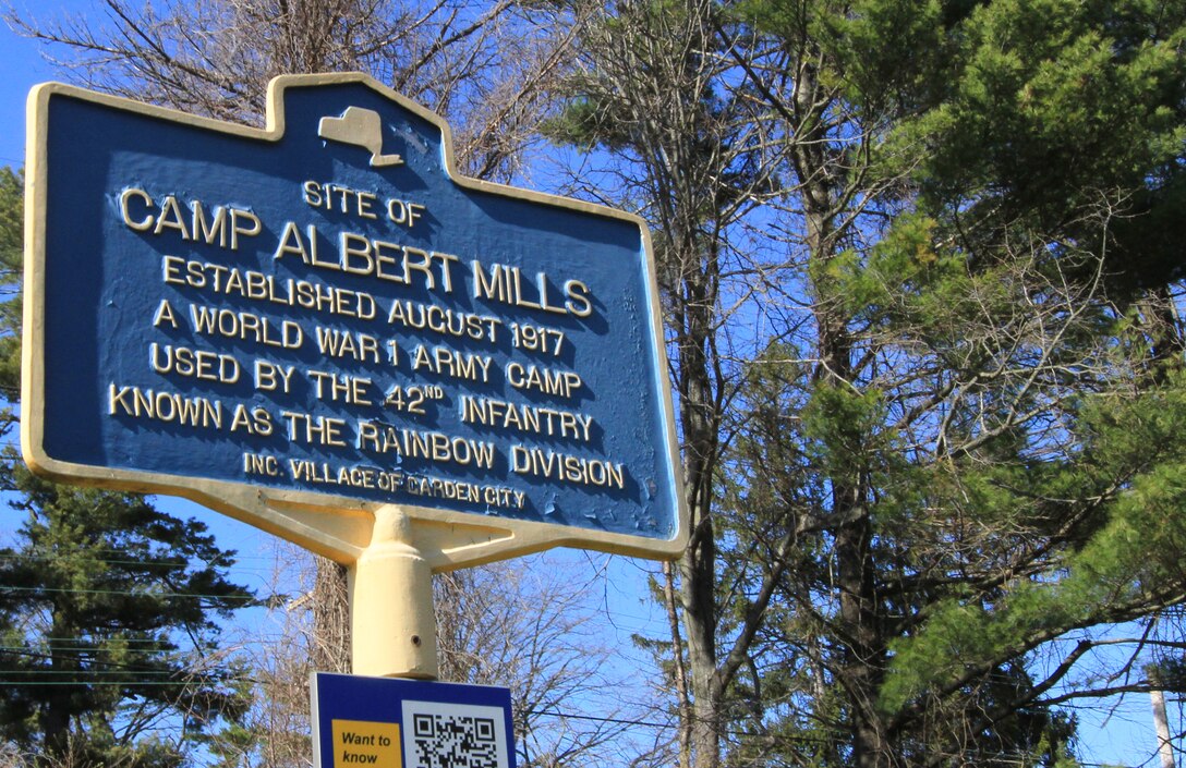 A marker near the 1st Marine Corps District headquarters marks the site of Camp Albert Mills, a World War I Army camp used by the 42nd Infantry known as the Rainbow Division. To learn more about Camp Albert Mills visit: http://gardencityrecreation.org/markers.html.