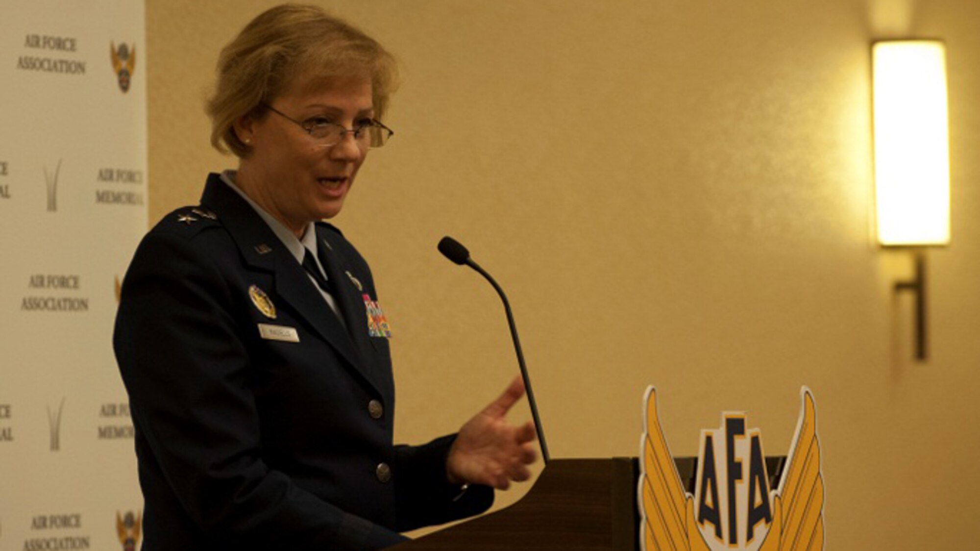 Maj. Gen. Wendy Masiello briefs attendees April 16, 2014, on how today's budget environment is driving change for both government and industry as part of the Air Force Association breakfast series in Arlington, Va. She said there have been
great examples recently in better buying power practices, especially in the reduction of overhead costs and "cleaning up" the proposal processes. Masiello is the deputy assistant secretary for contracting. (U.S. Air Force photo/Staff Sgt. Carlin Leslie)
