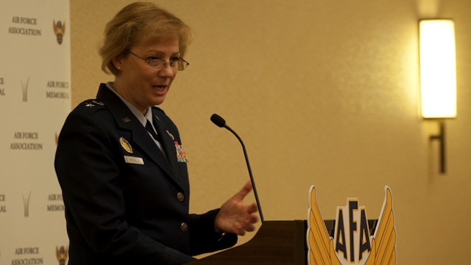 Maj. Gen. Wendy Masiello briefs attendees April 16, 2014, on how today's budget environment is driving change for both government and industry as part of the Air Force Association breakfast series in Arlington, Va. She said there have been
great examples recently in better buying power practices, especially in the reduction of overhead costs and "cleaning up" the proposal processes. Masiello is the deputy assistant secretary for contracting. (U.S. Air Force photo/Staff Sgt. Carlin Leslie)
