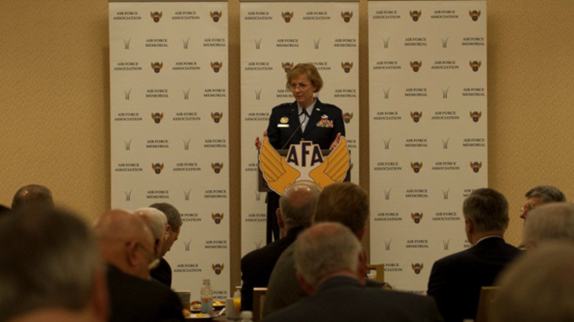 Maj. Gen. Wendy Masiello briefs attendees April 16, 2014, on how today's budget environment is driving change for both government and industry as part of the Air Force Association breakfast series in Arlington, Va. She noted challenges and opportunities to find savings still exist within the acquisition arena, particularly the supply chain management portion Masiello is the deputy assistant secretary for contracting. (U.S. Air Force photo/Staff Sgt. Carlin Leslie)
