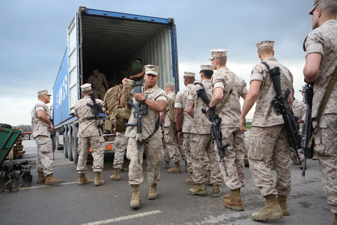 U.S. Marines part of Lima Company, 3rd Battalion, 8th Marine Regiment assigned to Special Purpose Marine Air-Ground Task Force for Crisis Response land at Mihail Kogalniceanu, Romania, April 13, 2014. The Marines and sailors of SP-MAGTF Crisis Response provide a rapid response capability in support of U.S. and partner-nation security interests and participate in training engagements with regional partners within their area of responsibility.