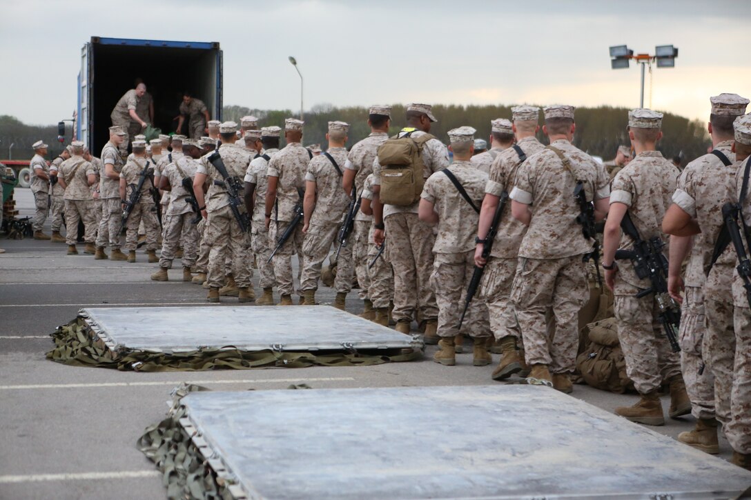 U.S. Marines part of Lima Company, 3rd Battalion, 8th Marine Regiment assigned to Special Purpose Marine Air-Ground Task Force for Crisis Response land at Mihail Kogalniceanu, Romania, April 13, 2014. The Marines and sailors of SP-MAGTF Crisis Response provide a rapid response capability in support of U.S. and partner-nation security interests and participate in training engagements with regional partners within their area of responsibility.