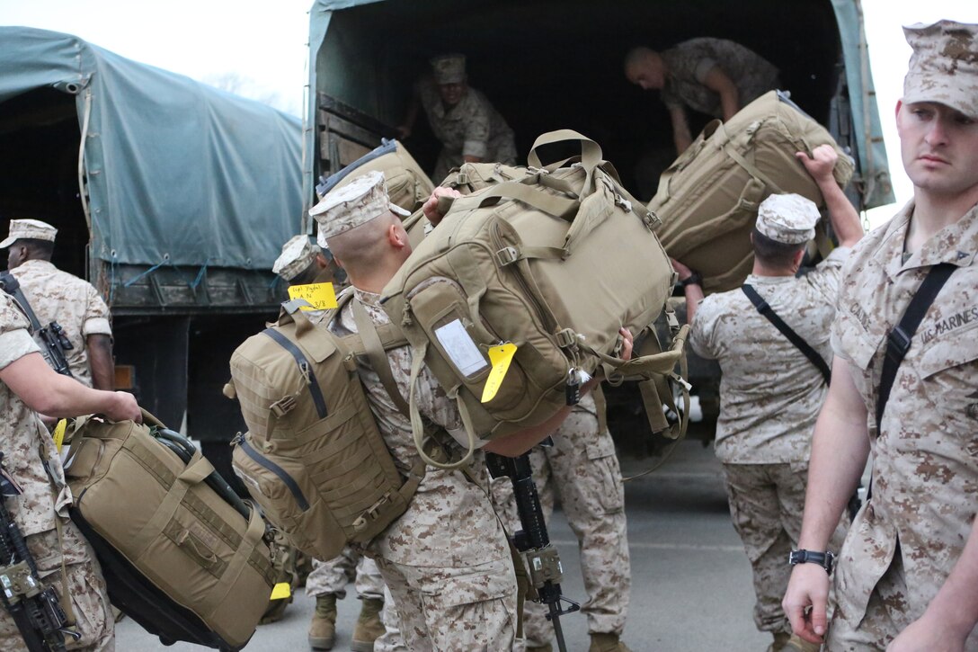 U.S. Marines part of Lima Company, 3rd Battalion, 8th Marine Regiment assigned to Special Purpose Marine Air-Ground Task Force for Crisis Response land at Mihail Kogalniceanu, Romania, April 13, 2014. The Marines and sailors of SP-MAGTF Crisis Response provide a rapid response capability in support of U.S. and partner-nation security interests and participate in training engagements with regional partners within their area of responsibility.